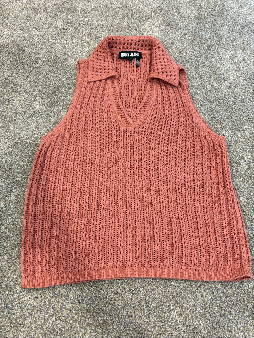 DKNY Open-Knit Sleeveless V-Neck Sweater Vest in Rust